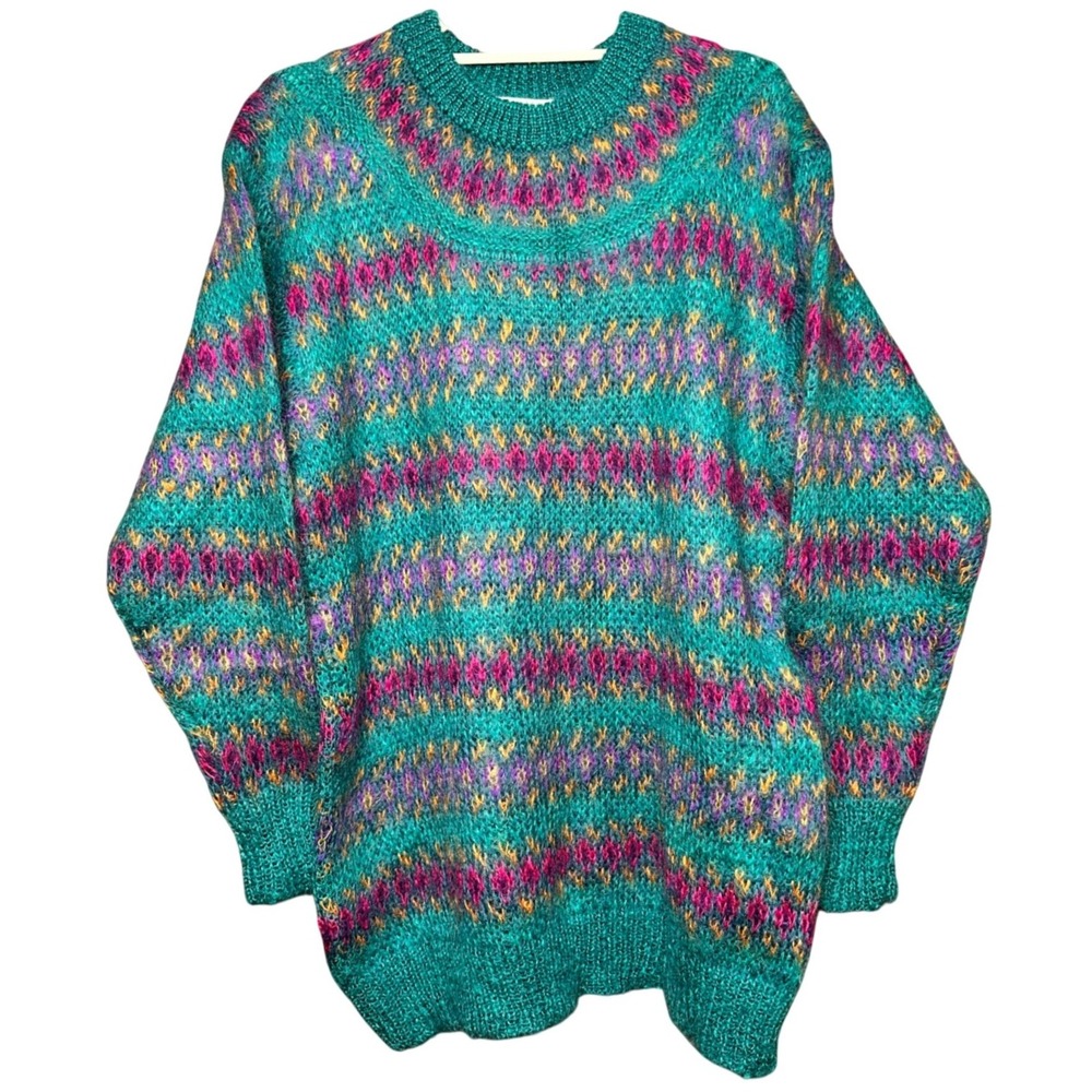 Vtg Mohair Wool Blend Fair Isle Sweater Teal Women's Large Retro Funky Festival